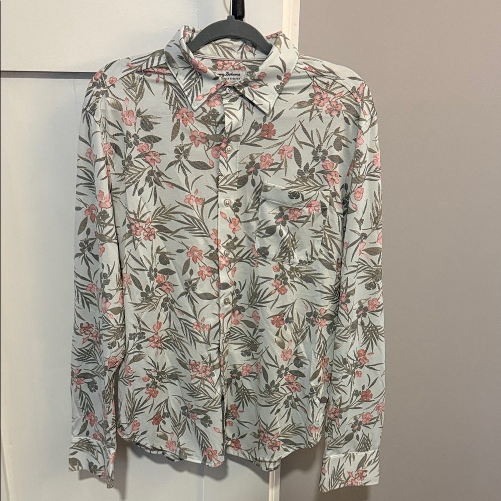 Tommy Bahama Pale Blue Floral Button-Down Shirt with Pink Blossoms 30